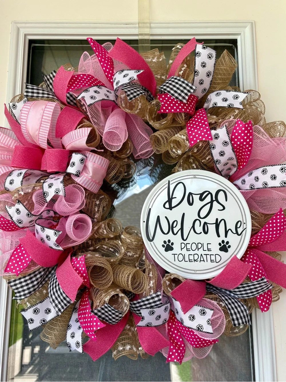 Dogs Welcome Pink and Brown Decorative Holiday Wreath by